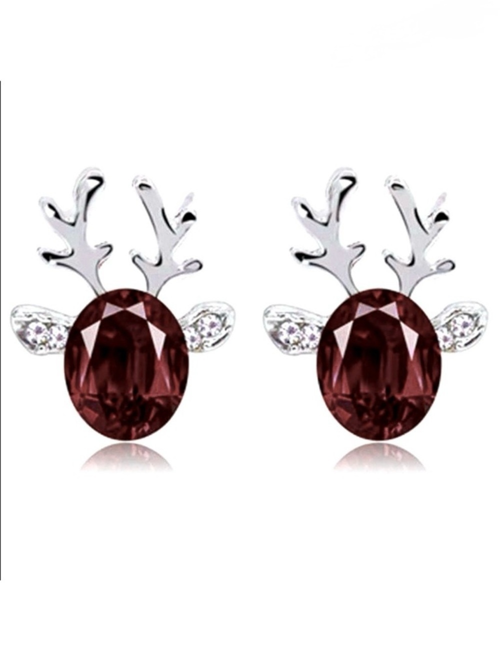 Reindeer Burgundy Crystal Holiday Earrings Silver